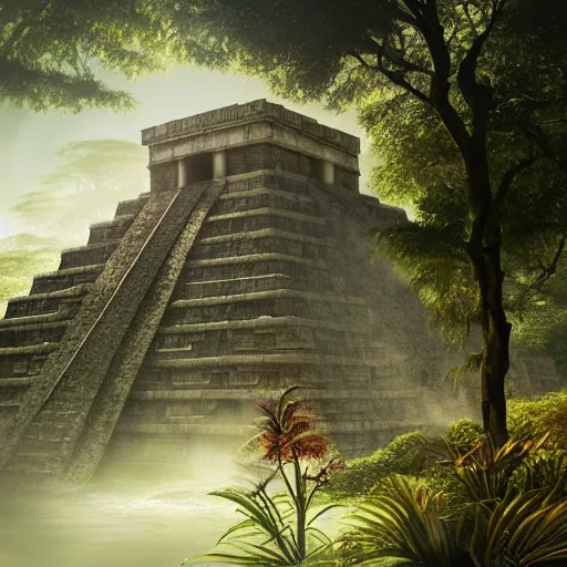 Image similar to mayan temple in the jungle, by tom bagshaw, sunlit, mist, octane render