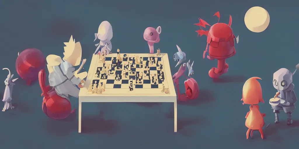 Image similar to cute anime monsters playing chess by Goro Fujita and Simon Stalenhag and Kandinsky and Magritte, 8k, trending on artstation, hyper detailed, cinematic