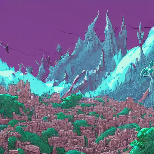 Image similar to cell shaded adult animation, a birds eye view overlooking a walled off ancient fantasy city being attacked by horrific monsters, surrounded by mountains and trees of greens and browns, rivers, concept art by josan gonzales and wlop, Laurie Greasley, Jordan Grimmer, Beksiński and james jean, highly detailed, sharp focus, Trending on Artstation, HQ, deviantart, art by artgem