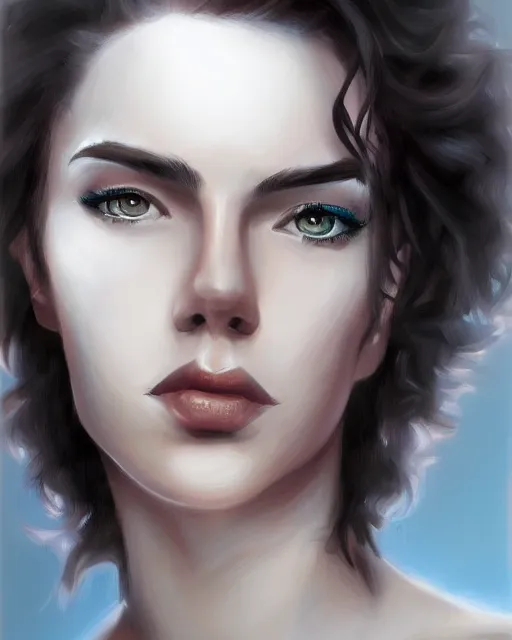 Prompt: portrait painting of an androgynous 2 2 year old with short dark curly hair and pale skin, dark eyeliner, artgerm, deviantart, artstation