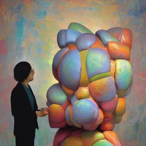 Prompt: an impasto painting by shaun tan of an abstract sculpture by the caretaker and jeff koons