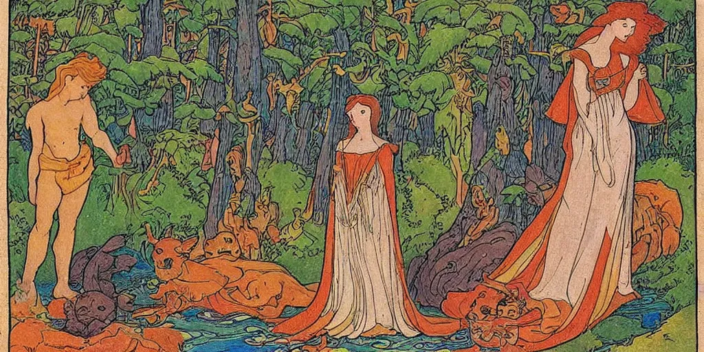 Image similar to a woman who moved to another planet with husband, hot weather, full growth, by Ivan Bilibin, Russian fairytales illustration