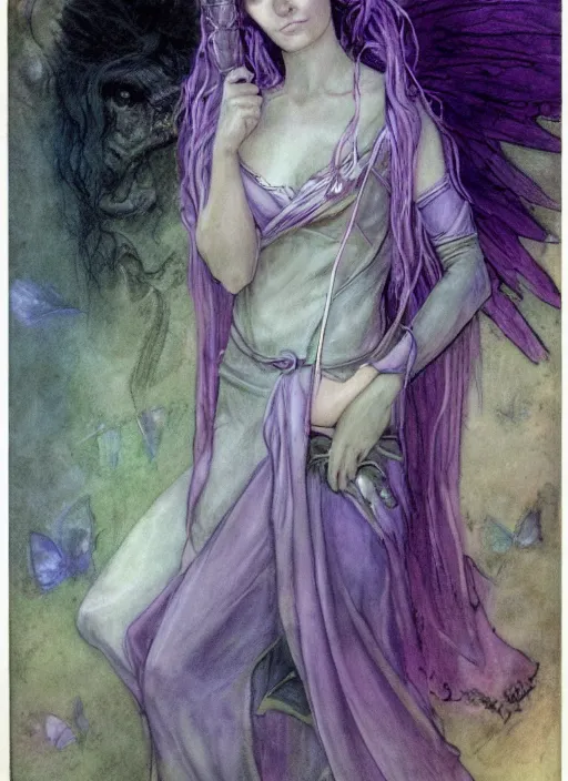 Image similar to portrait of young female sorceress of the endtimes, transluscent skin, lavender hair, beautiful! coherent! dungeons and dragons character, by brian froud, strong line, cool night color, high contrast