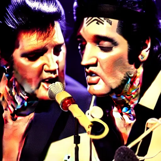 Image similar to elvis presley and snoop dog singing a duet behind a microphone stand, in las vegas, detailed, beautiful, photo, f 1. 8, album cover, photorealistic