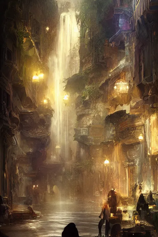 Image similar to inside the antique street of atlantis the city of water, waterfall, intricate, elegant, volumetric lighting, digital painting, highly detailed, artstation, sharp focus, illustration, concept art, ruan jia, steve mccurry