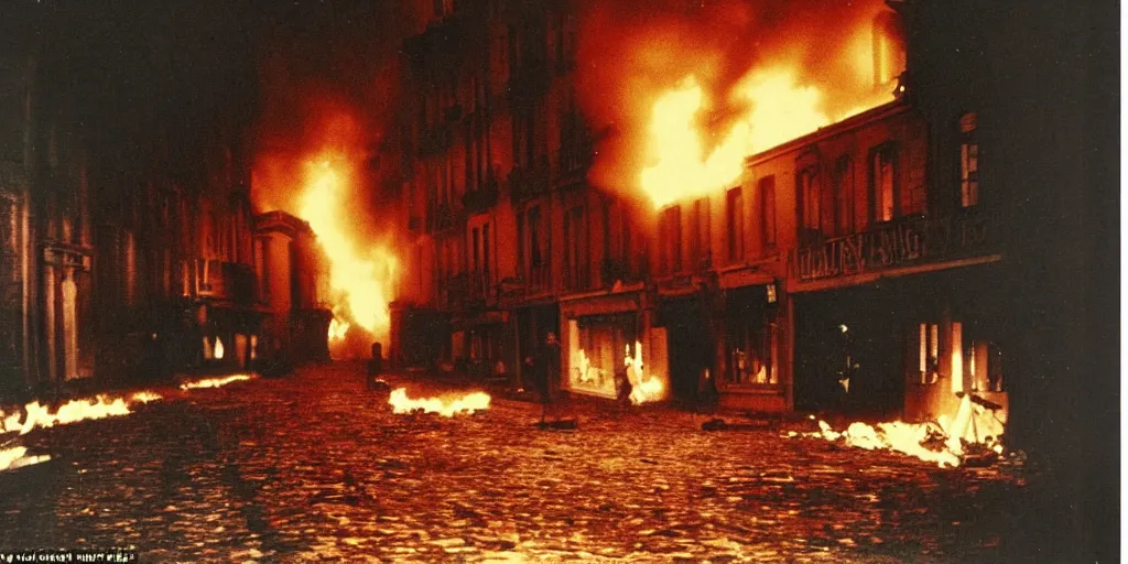 Prompt: a colour photo taken at night of saint - malo street on fire after a bombing in 1 9 4 5