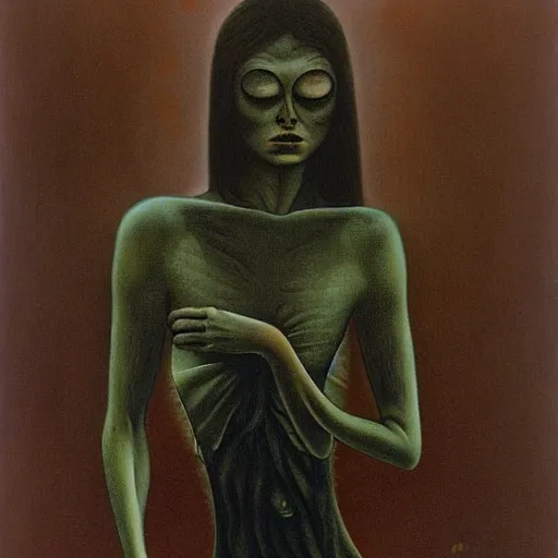 Image similar to tomie by junji ito in the style of zdzisław beksiński and h.r. giger, oil on canvas