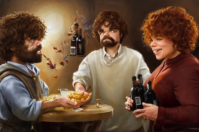 Prompt: portrait of oprah winfrey feeding peter dinklage a bottle, an oil painting by ross tran and thomas kincade