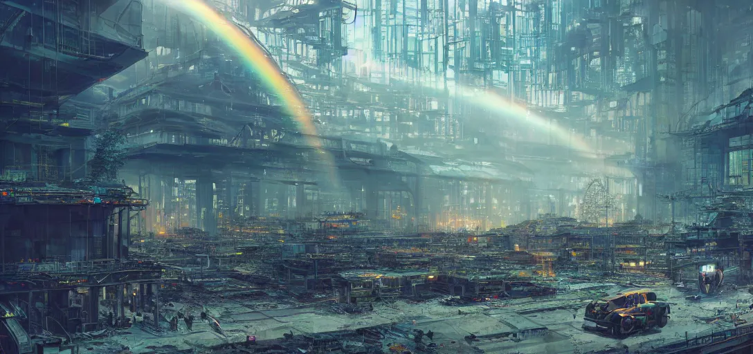 Image similar to A highly detailed crisp unreal engine render of A beautiful futuristic cyberpunk factory abandoned building with neon like plants, perfect double rainbow in the sky, sunrays shine through the clouds, debris on the ground, abandoned machines by wangchen-cg, 王琛,Neil blevins, by Greg Rutkowski, artstation, professional illustration, realistic, ultra detailed, atmospheric, cinematic lighting, movie concept art, hyper detailed, insanely detailed, corona render, octane render, colorful redshift render, 8k