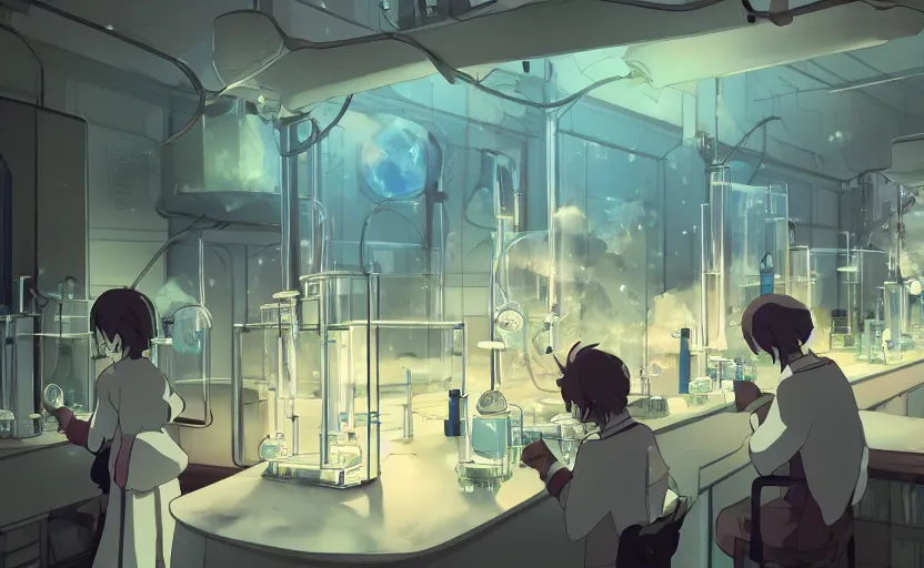 Image similar to a bio laboratory, crystal lights, mysterious atmosphere, cel - shading, cinematic, artstation, studio ghibli, miyazaki, highly details