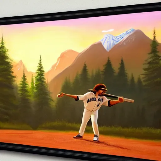 Prompt: a closeup photorealistic photograph of bob ross style kenny powers playing baseball, a painting on a canvas. mountains and trees. film still. brightly lit scene. this 4 k hd image is trending on artstation, featured on behance, well - rendered, extra crisp, features intricate detail, epic composition and the style of unreal engine.