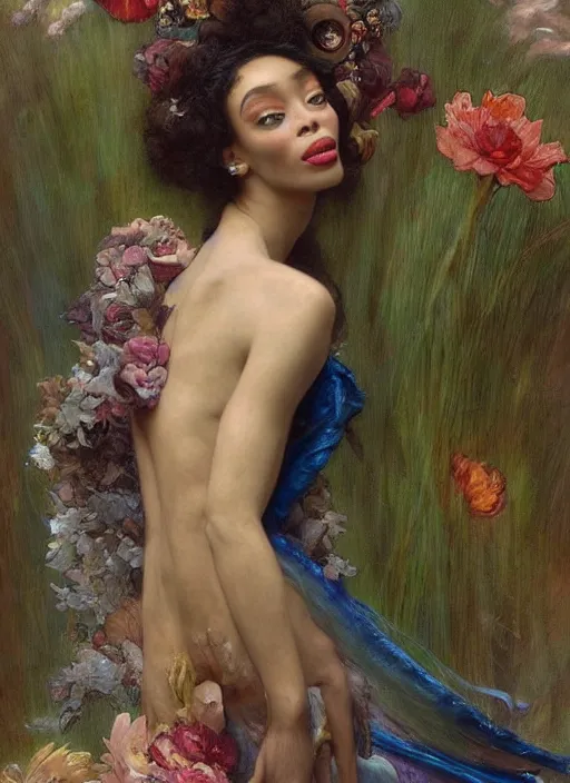 Image similar to a realistic oil painting of a beautiful young woman resembling winnie harlow, flowing robes, silk dress, peonies, crystal encrustations, underwater, fantasy art, by mucha, by bouguereau, intricate, colorful