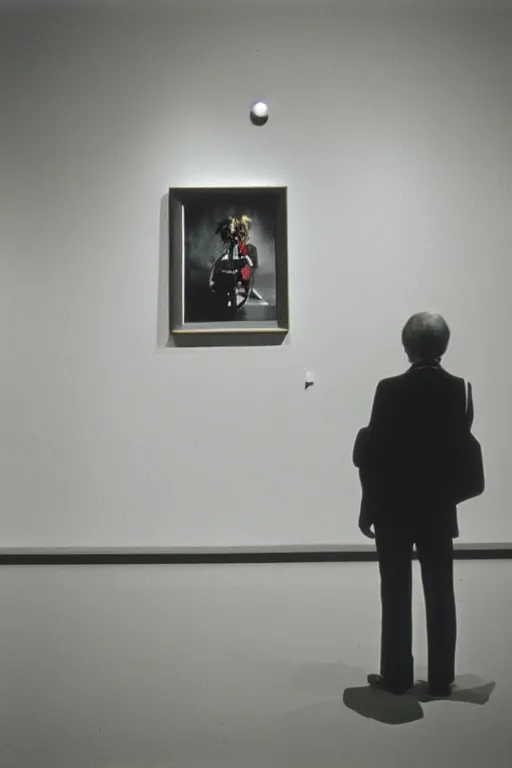 Prompt: harlekin seen from behind sitting in an empty gallery contemplating over a frame hanging at the opposite wall, photo taken with provia 1967