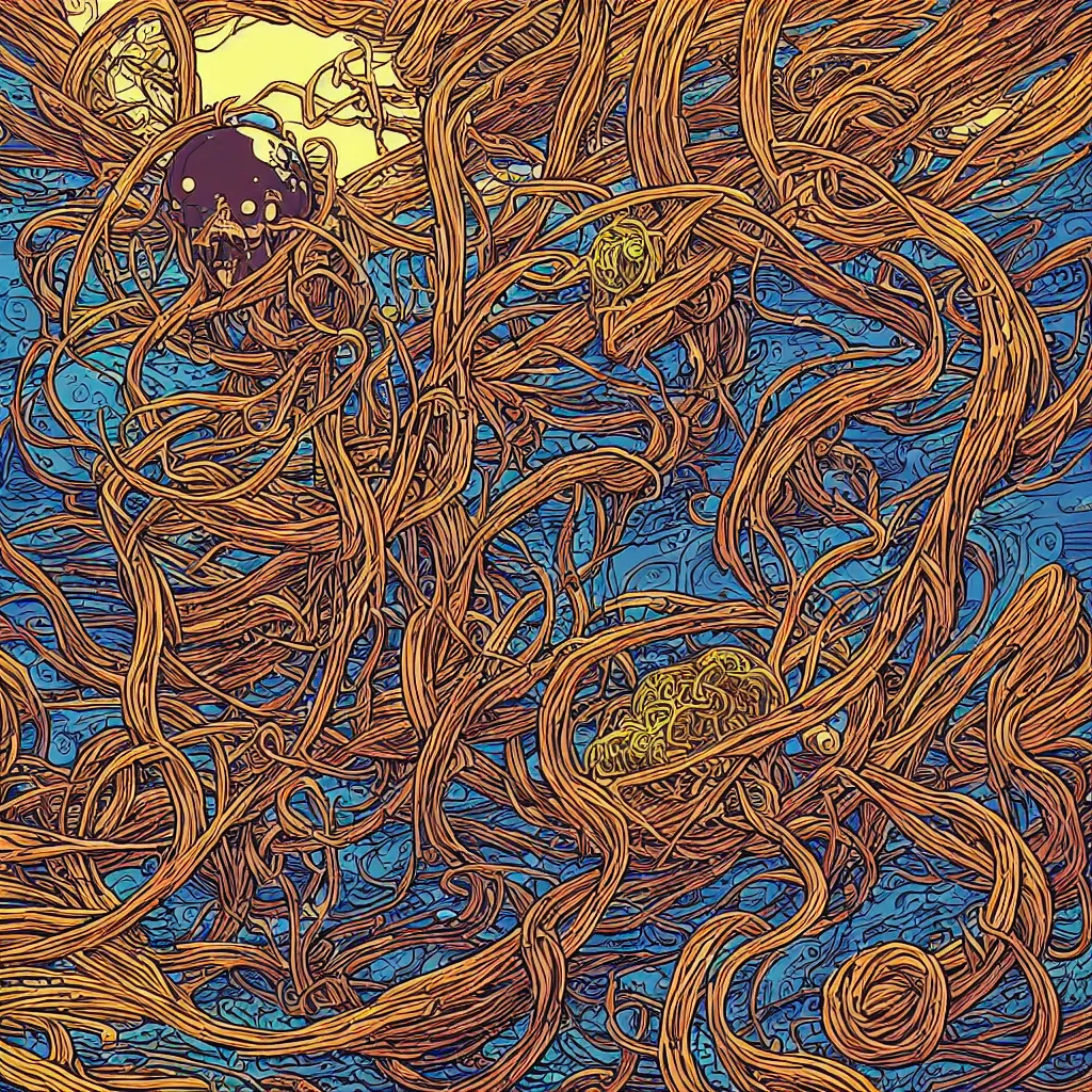 Prompt: the god of the church of the flying spaghetti monster, by dan mumford