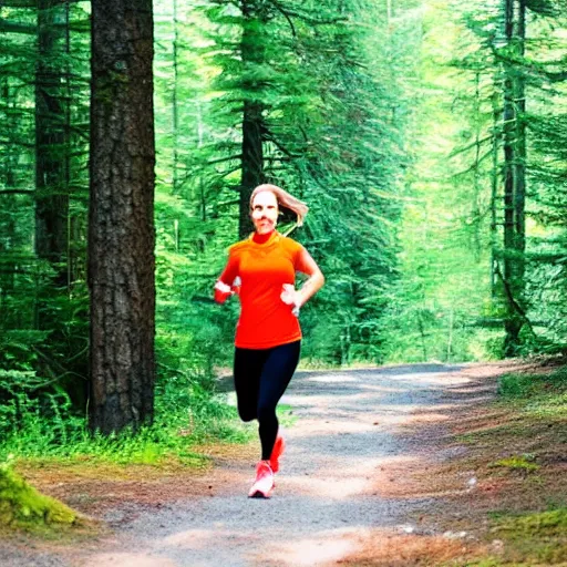 Prompt: Woman running in a beautiful canadian forest