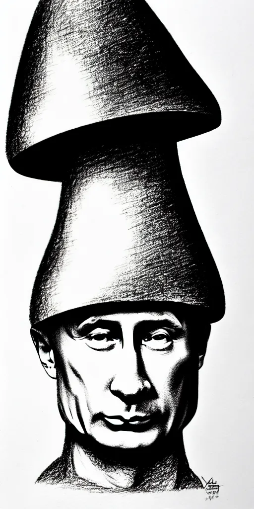 Image similar to vladimir putin with a nuclear mushroom cloud hat, cartoonish, ultra detailed pencil drawing