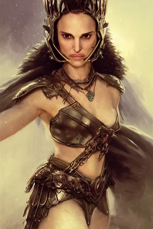 Image similar to natalie portman, legendary warrior, heroic, lord of the rings, tattoos, decorative ornaments, battle armor, by carl spitzweg, ismail inceoglu, vdragan bibin, hans thoma, greg rutkowski, alexandros pyromallis, perfect face, fine details, realistic shading photorealism