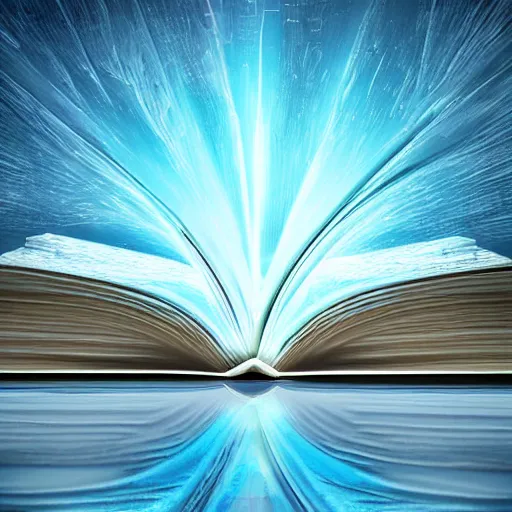 Prompt: an open book floating in a library with light blue magic flowing out of it, whimsical digital art