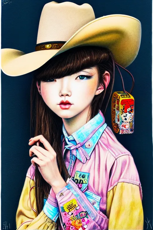 Image similar to girl wearing a cowboy hat, style of yoshii chie and hikari shimoda, highly detailed