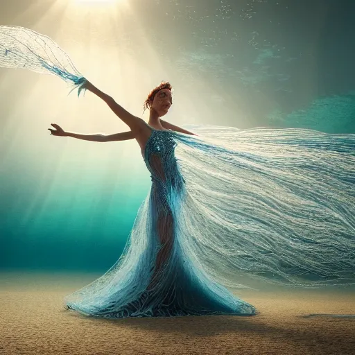 Prompt: beautiful woman dancing underwater wearing a very long flowing dress made of many translucent layers of silver and blue lace seaweed, bolts of bright yellow fish, caustics lighting from above shines on the sandy bottom, swirling silver fish and smoke shapes in the foreground and background, octane render, cinematic, hyperdetailed