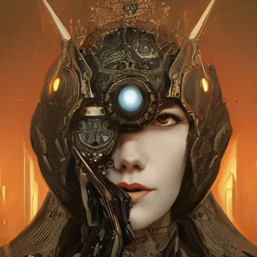 Image similar to a cyborg empress with mask, art nouveau ivory accessories, cyberpunk, darksynth, luxury, concept art by jama jurabaev, extremely detailed, ominous, ethereal, artstation, andree wallin, edvige faini, balaskas, alphonse mucha, symmetry