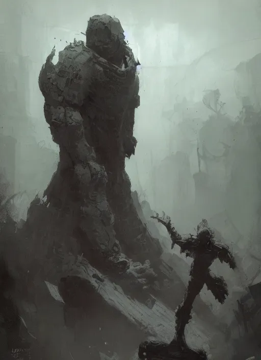 Prompt: stone golem, intricate, elegant, highly detailed, john park, frazetta, sparth, ruan jia, jeffrey catherine jones