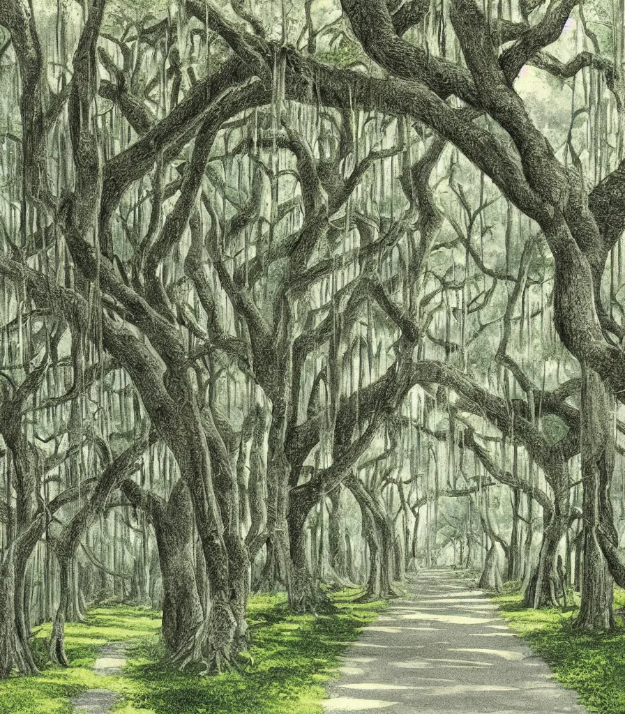 Image similar to southern plantation lane of trees hanging moss abandoned single point perspective illustration by maurice sendak