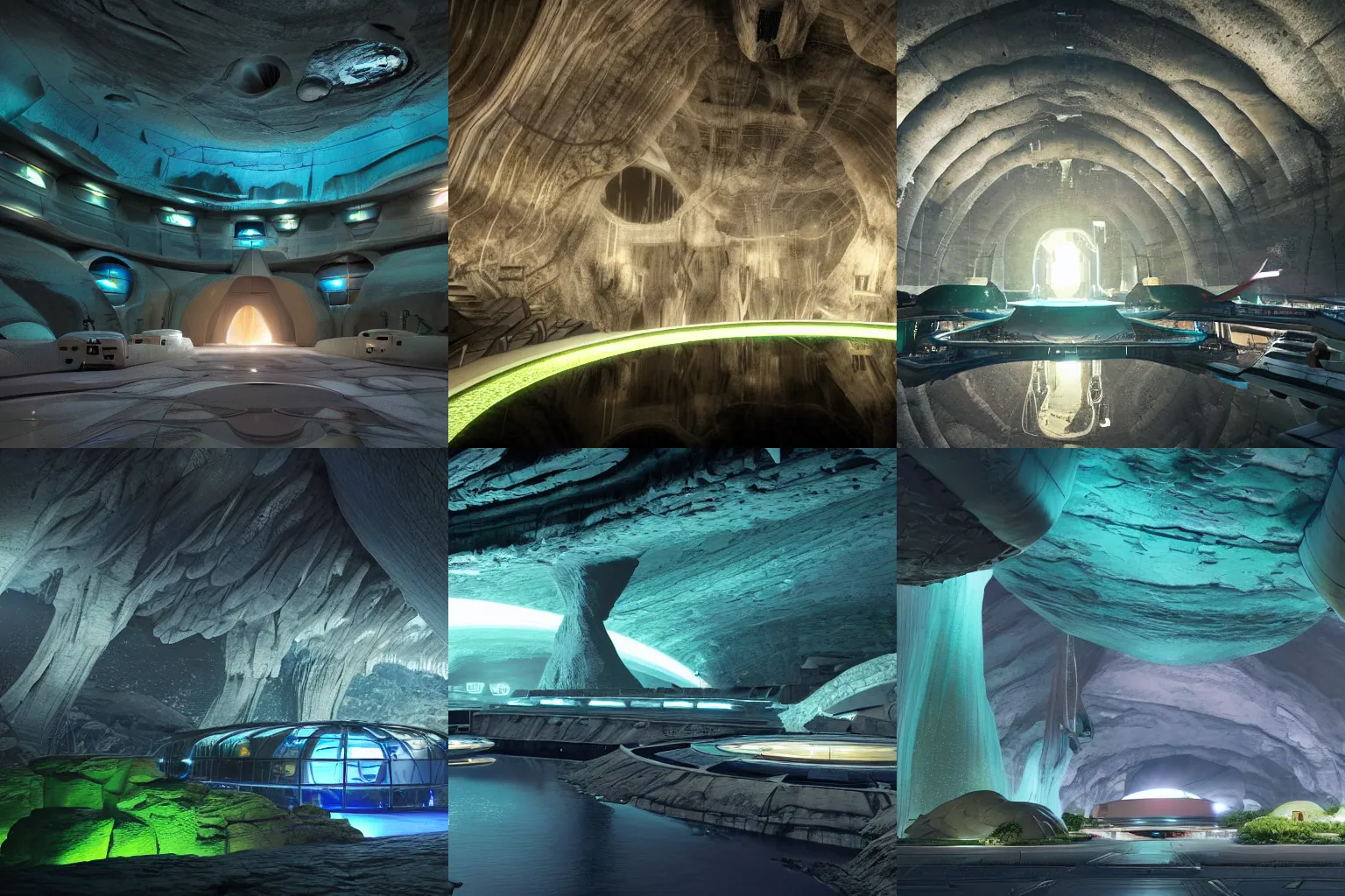 Prompt: A science fiction spaceport at night with spaceships on landing pads, glowing lights, a river with a hydroelectric dam, and green spaces, all inside an enormous cavern, cavern ceiling visible with large stalactites, unreal engine, photorealistic