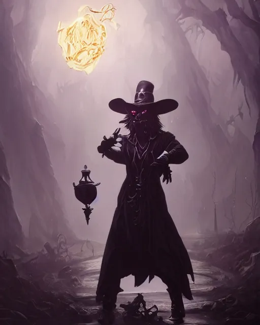 Image similar to oil painting of Anthropomorphized dark Cat Magician casting black magic spell, evil, glowing eyes, sharp focus, fantasy style, octane render, volumetric lighting, 8k high definition, by greg rutkowski, highly detailed, trending on art Station, magic the gathering artwork, very dark steampunk city backround, centered