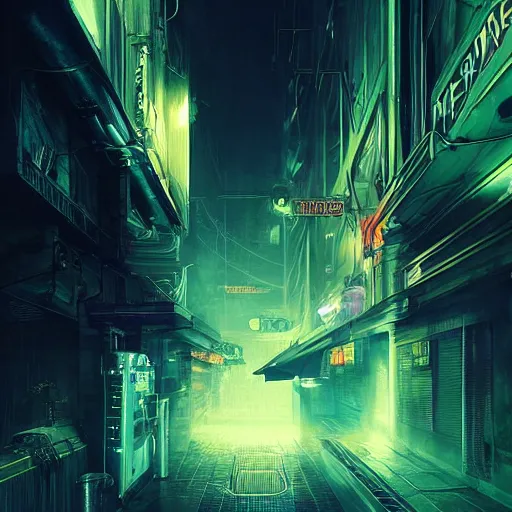 Prompt: a vending machine dimly neon lighting a dark alley, futuristic, cyber, sci - fi, volumetric light, foggy atmosphere, artstation, highly detailed, sharp focus, digital art, trending, by greg rutkowski and gaston bussiere, vibrant lush neon lighting, beautiful volumetric - lighting - style atmosphere, futuristic atmosphere, intricate, detailed, photorealistic imagery