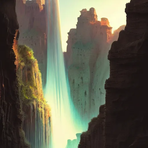 Prompt: falling water light is mine to travel,beyond time ,the cathedrals in a canyon grotto of life the beginning , geological strata,ground mist, by Sparth and Greg Rutkowski, hypermaximalist,micro details, 3d sculpture,,digital rendering,octane render , 4k, artstation, concept art , f22,deep depth of field,photographic, wide angle,cinematic lighting