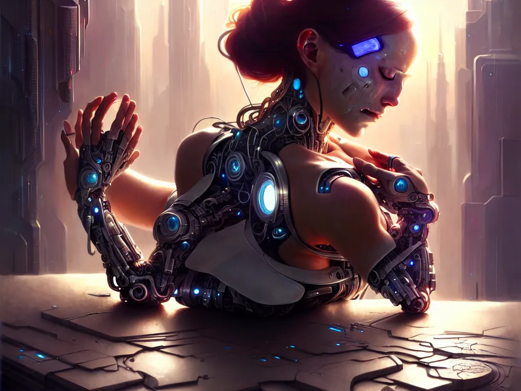 Image similar to ultra realistic, cyborg woman crying and broken and lying on a surface, cyberpunk, sci-fi, fantasy, intricate details, elegant, highly detailed, photorealistic, octane render, 8k, HD, art by artgerm and greg rutkowski and alphonse mucha