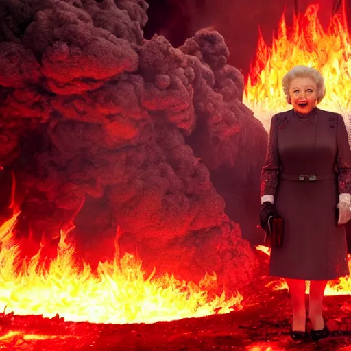 Image similar to stunning awe inspiring betty white the queen of hell surounded by fire, lava and demons, movie still 8 k hdr atmospheric lighting