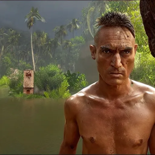 Image similar to a still of from the movie apocalypse now crossover with the game the witness