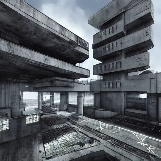 Image similar to scifi brutalist industrial complex, photorealistic