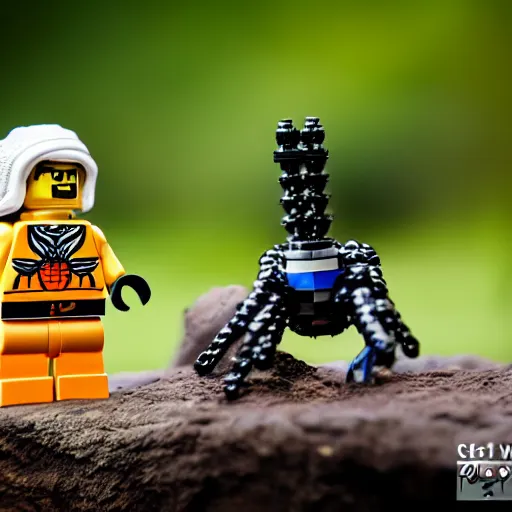 Image similar to lego astronaut fights spider ( eos 5 ds r, iso 1 0 0, f / 8, 1 / 1 2 5, 8 4 mm, postprocessed, bokeh )