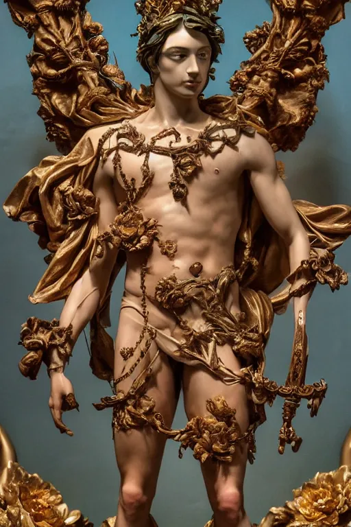 Image similar to a young handsome Spanish prince in a full-body bronze baroque and cyberpunk style statue of Icarus posed like a bird, crown of peach roses, flowing teal-colored silk, fabric, flowers. baroque elements, human skull. full-length view. baroque element. intricate artwork by caravaggio. many many birds birds on background. Trending on artstation, octane render, cinematic lighting from the right, hyper realism, octane render, 8k, depth of field, 3D