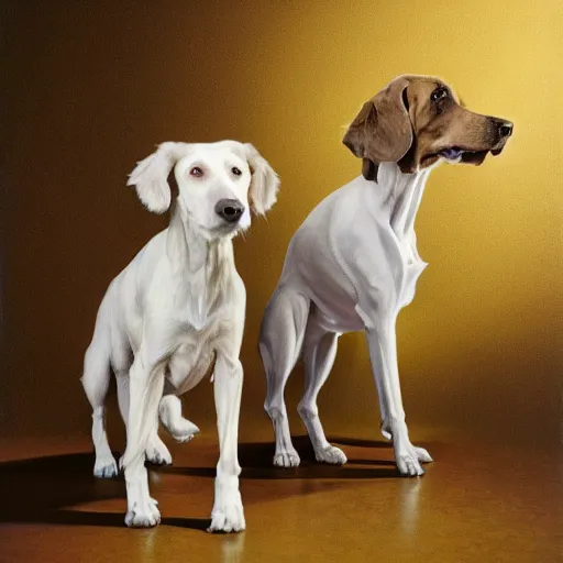 Image similar to a william wegman photograph of two dogs standing on hind legs 4k, hyperrealistic, focused, extreme details, unreal engine 5, cinematic, masterpiece, high resolution, detailed, painting by raqib shaw W- 1080