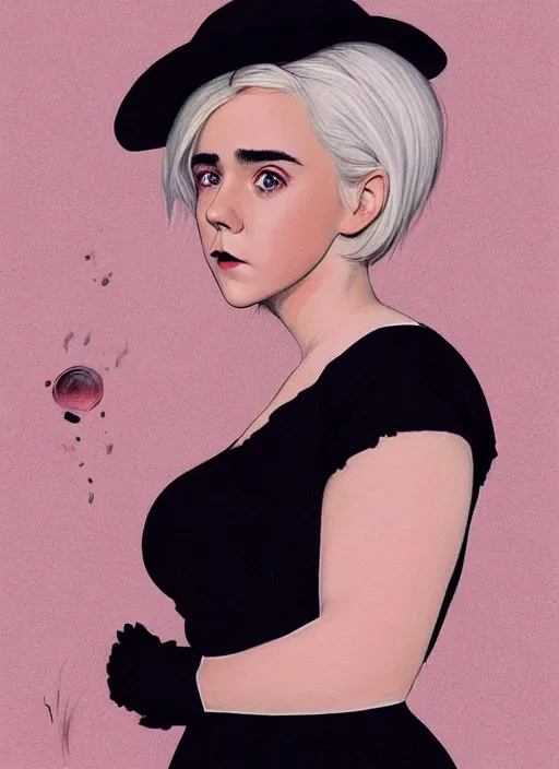 Image similar to full body portrait, kiernan shipka as sabrina spellman, white hair, obese, bangs, sultry, realistic, sultry smirk, fluffy bangs, freckles, fat, belly, intricate, elegant, highly detailed, digital painting, artstation, concept art, smooth, sharp focus, illustration, art by wlop, mars ravelo and greg rutkowski