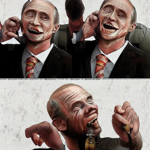 Image similar to vladimir putin drunk without teeth smiling ☺, horror scene in lunatic asylum, intricate, highly detailed, smooth, artstation