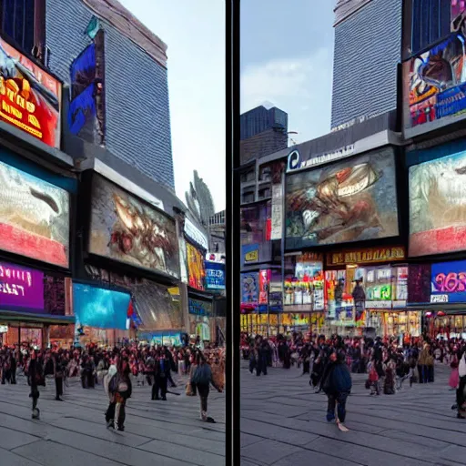 Image similar to 3D Digital matte painting of Yonge-Dundas Square in Toronto, Canada; with eldritch creatures, gnostic designs, arcane imagery, and esoteric aesthetics.