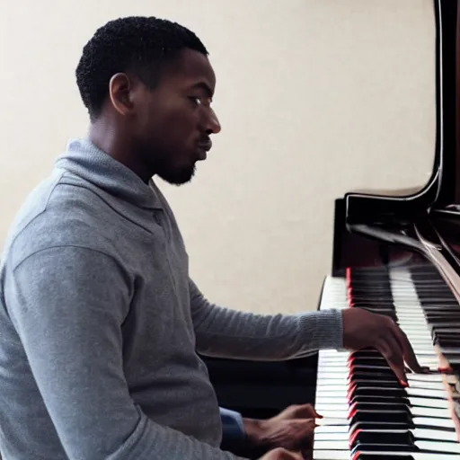 Prompt: 3 0 year old man playing the pino front facing his hands are covered by the piano light dark skin, his facing is facing front