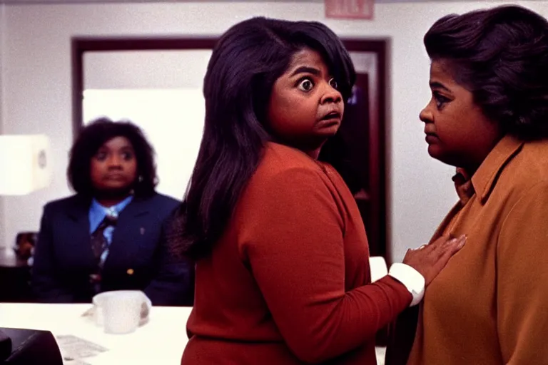 Image similar to cinematic shot from a 1 9 8 5 paranoid thriller, screenshot of octavia spencer confronts at senator joe manchin's ear, in the near future, motel room film directed by stanley kubrick, color theory, anamorphic lenses, beautiful cinematography, leading lines, photorealistic, volumetric lighting, 4 k