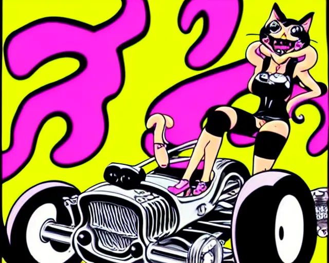 Image similar to high - quality anime catgirl in rat fink style by ed roth, crazy bulging eyes janky teeth riding in a hot rod, road rage, inspired by rat fink hot rods and 8 0 s bishoujo anime, vhs filter