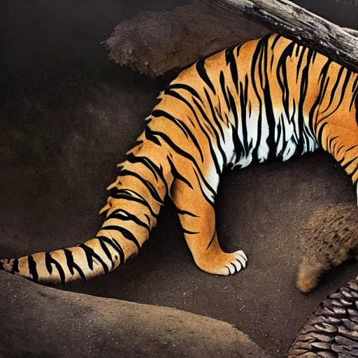 Image similar to a Tiger with the armor of a pangolin, national geographic photograph