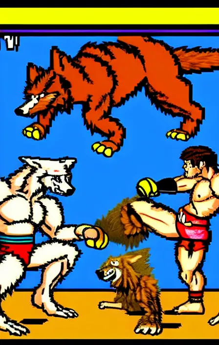 Image similar to extreme long shot. antropomorphic muscular masculine furr wolf. kickboxer, in shorts. wolf head. furr on body. 8 bit nes graphics. nes game, 8 0's