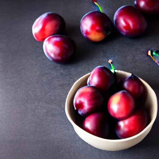 Image similar to photo of a single thick porcelain bowl filled with a few moist freshly picked plums on a wooden table. volumetric lighting. 4 k. small scale. realistic. top down.