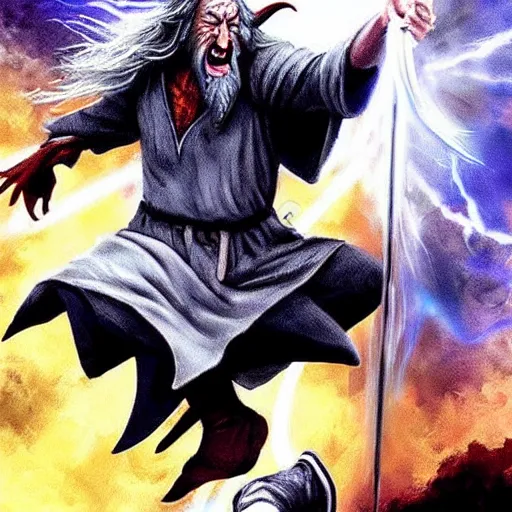 Image similar to gandalf posterizing an orc in the paint with an overpowering dunk, explosive energy, magical, camera flash