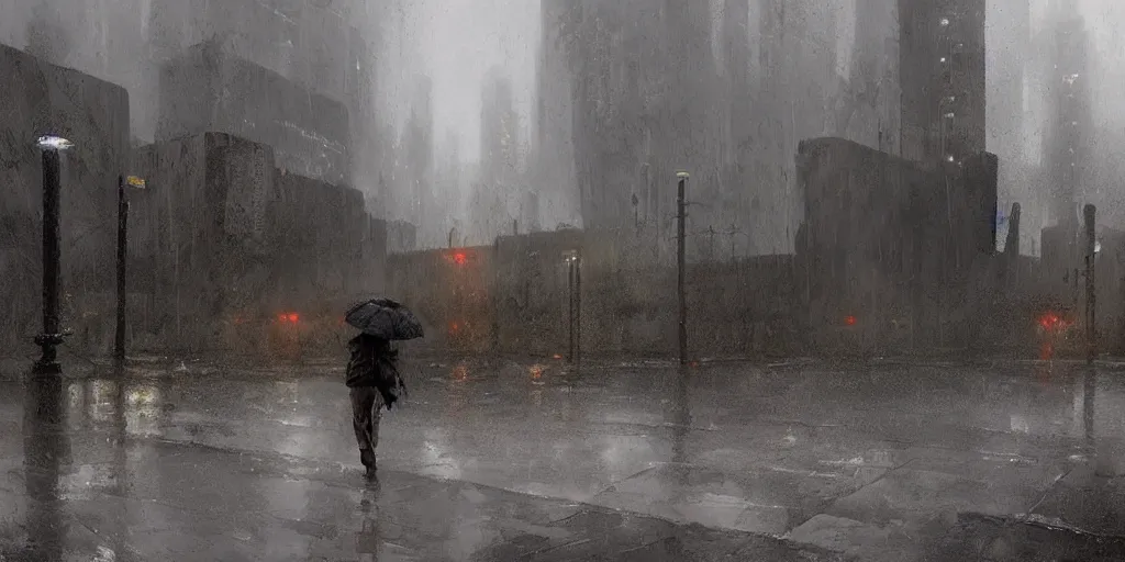 Image similar to brutalist architecture, rainy day, ominous evening, matte painting by greg rutkowski and craig mullins