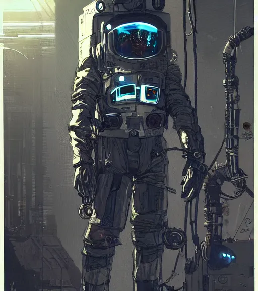 Image similar to realistic cyberpunk engineer with long limbs and a black spacesuit on a spacewalk, techwear, dead space, visible face, Industrial Scifi, detailed illustration, character portrait, by Ashley Wood and Moebius